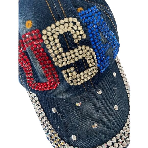 Patriotic USA Embellished Rhinestone Bead Distressed Raw Denim Baseball Cap Hat - Picture 5 of 9
